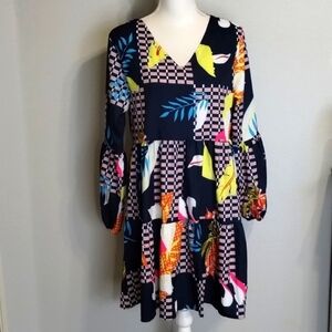 V-Neck Boho Mid Rise Flowy Hem Mini Dress Long Sleeve Leaf Print XL